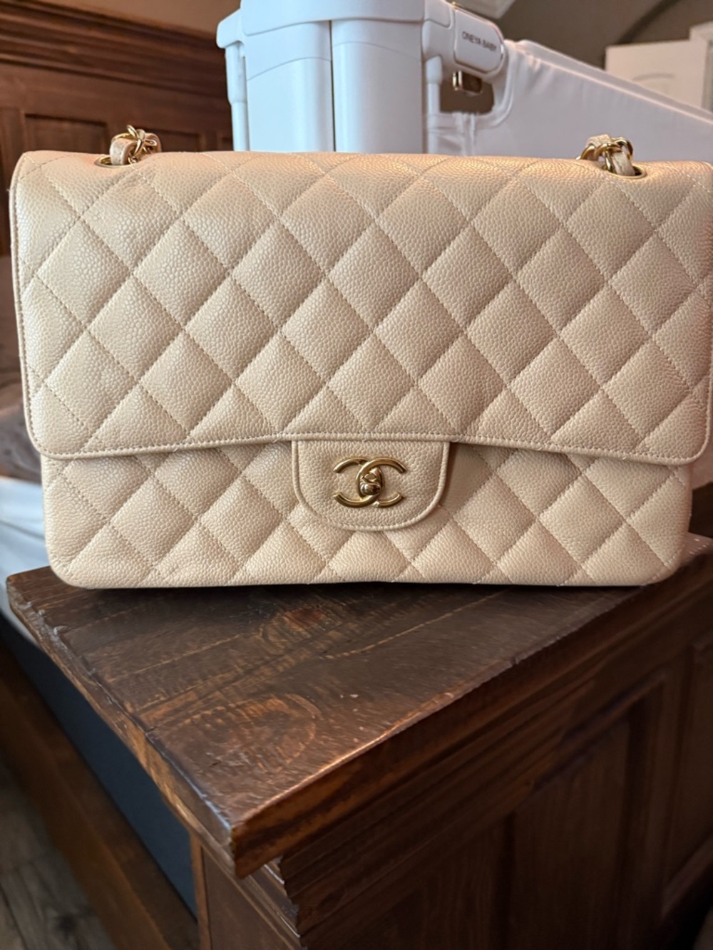 CHANEL Quilted Beige Caviar Leather Double Flap Shoulder Bag with Gold Hardware - Picture 2 of 11
